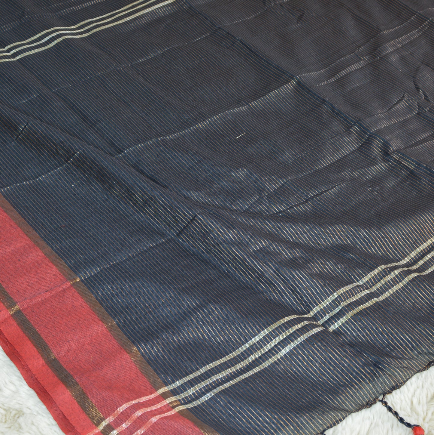 Black with red khadi cotton zari stripes saree