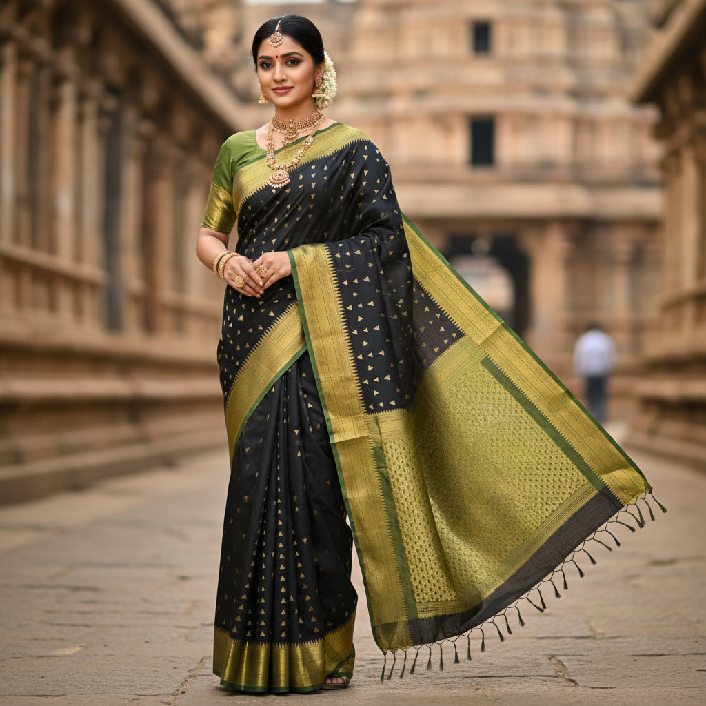 Black and green semi soft silk temple border saree