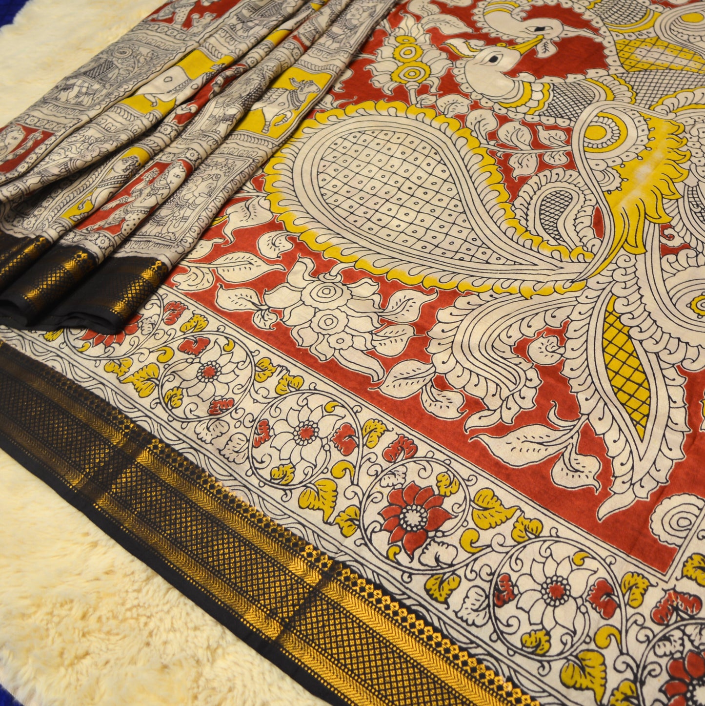 Yellow with Red Nizam border kalamkari silk saree