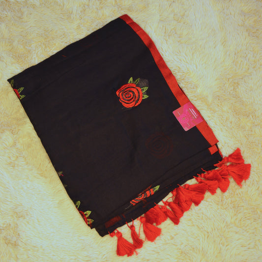 Black with red mul cotton embroidery saree