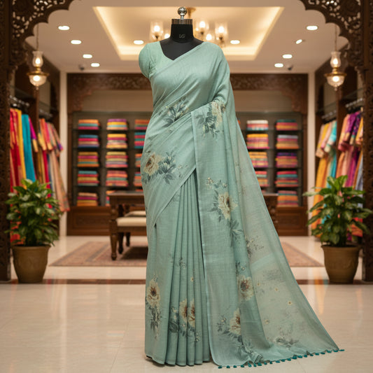 Sea blue soft kota cotton saree