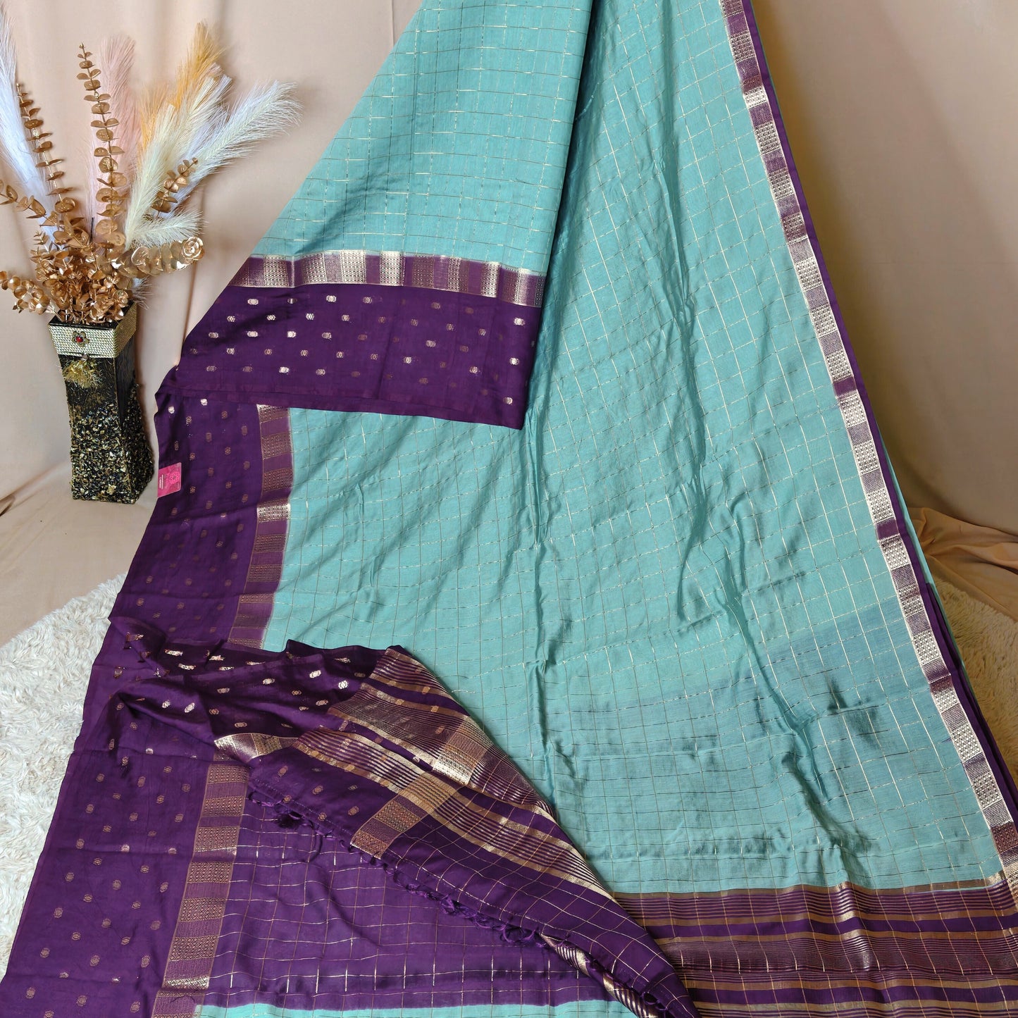 Sea blue muslin saree with checks