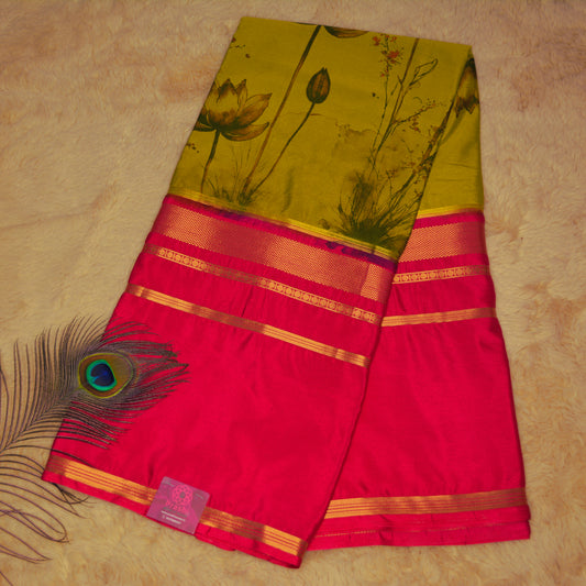 Mehandi green with pink semi mysore crepe kalamkari saree
