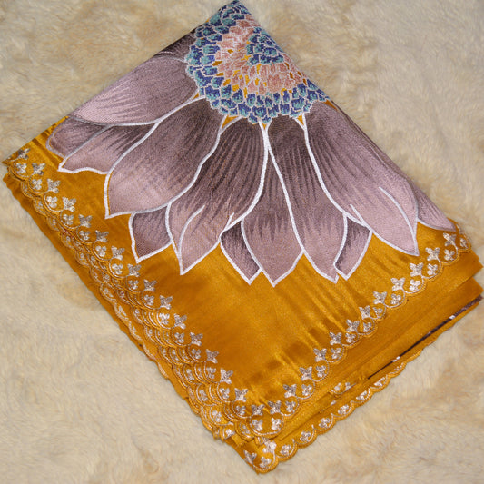Mustard tissue lotus embroidery saree