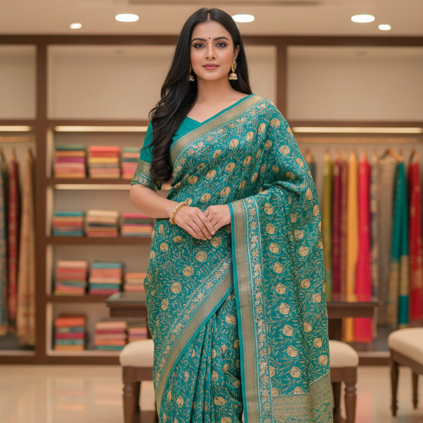 Rama green ajrakh handblock printed pure maheshwari silk saree