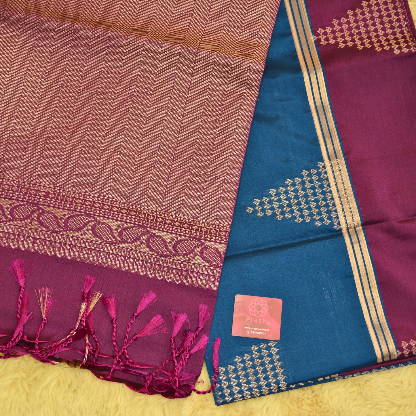 Royal blue semi silk temple butta saree purple contrast