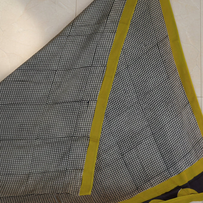 Black checks handblock printed pure modal silk saree