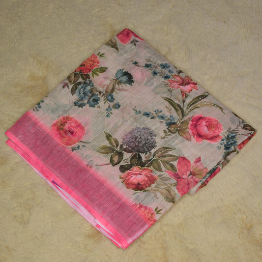 Pink linen katha work digital print saree