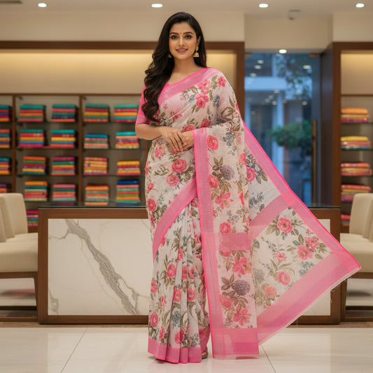 Pink linen katha work digital print saree