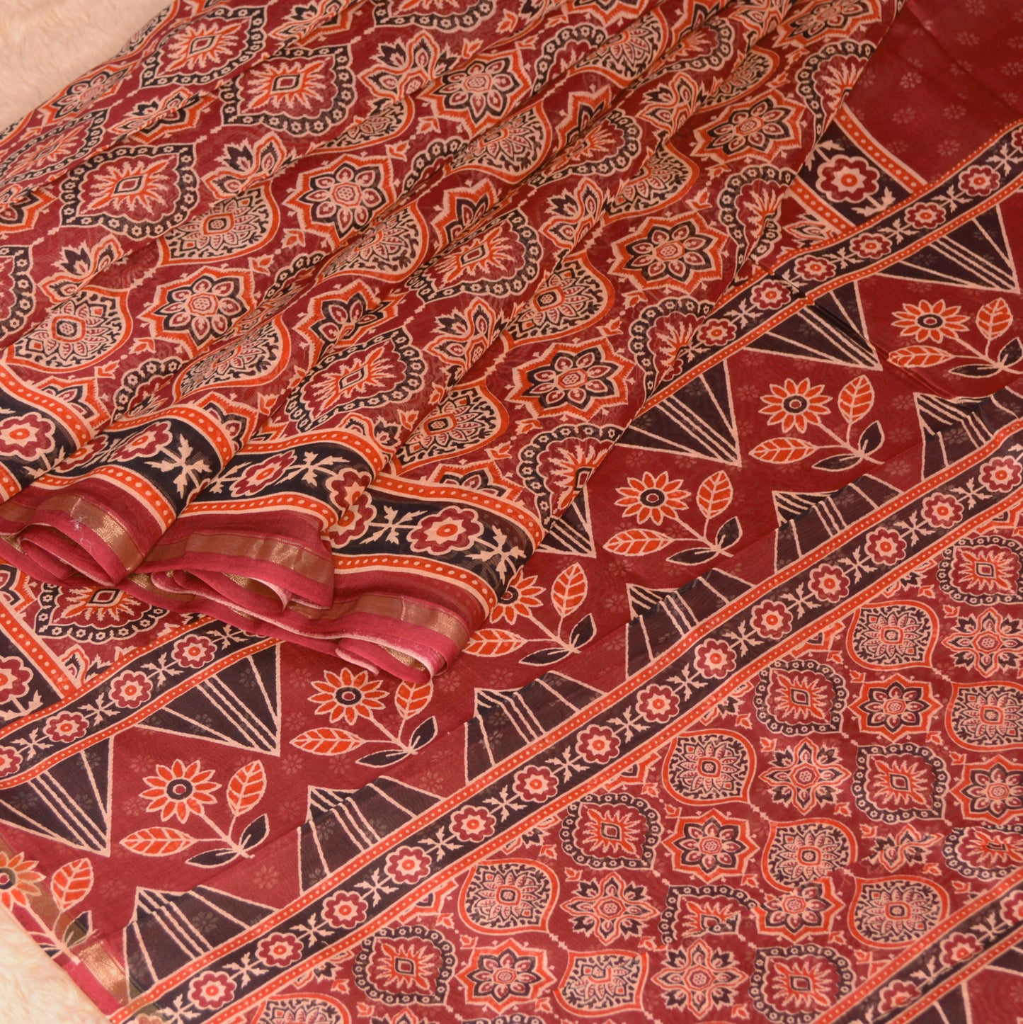 Maroon ajrakh handblock printed chanderi silk cotton saree