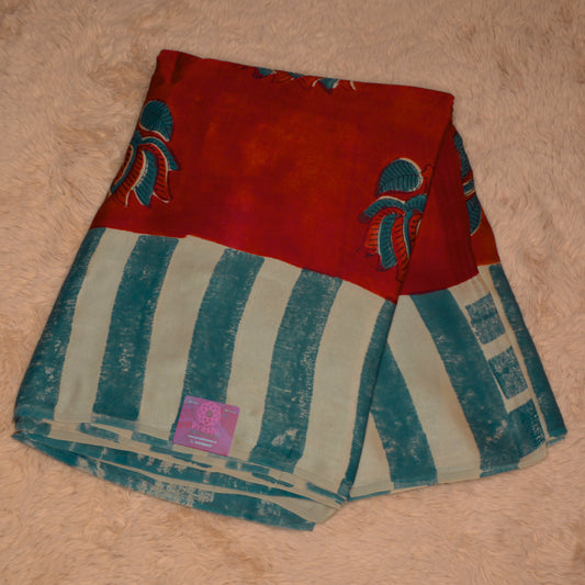 Red Bagru handblock printed pure modal silk saree