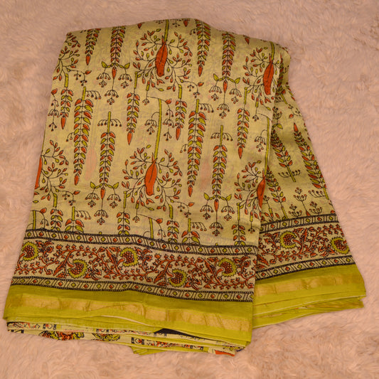 Yellowshi  ajrakh handblock printed chanderi silk cotton saree