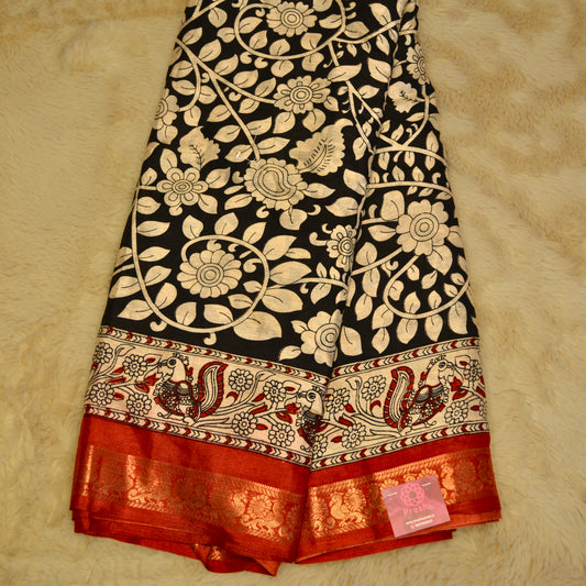 Black with red contrast kalamkari soft cotton saree