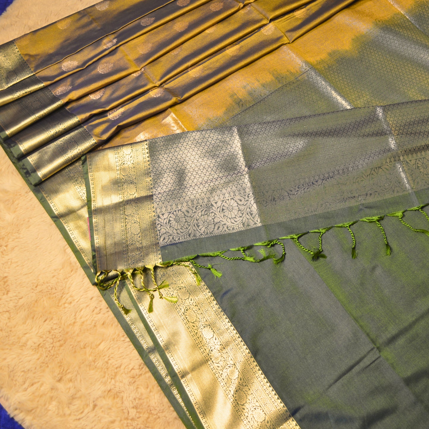 MUSTARED and green semi silk saree