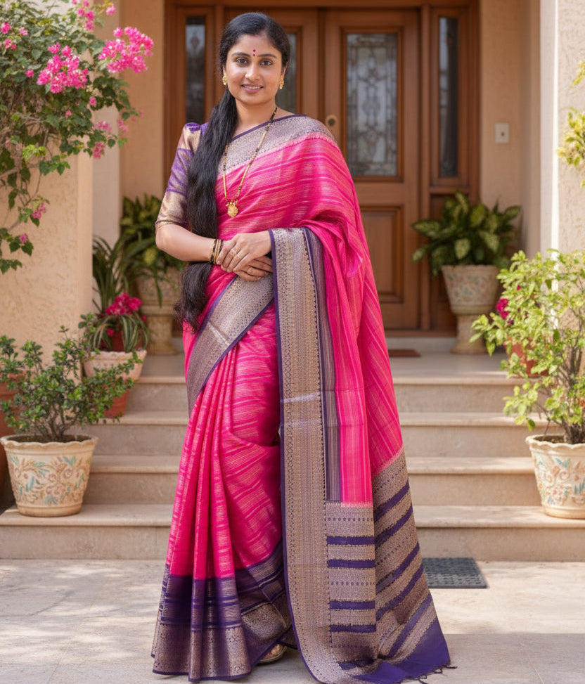 Pink and purple semi mysore crepe saree