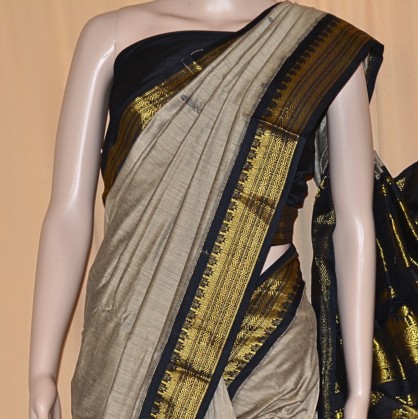grey with black  contrast kalyani cotton border saree