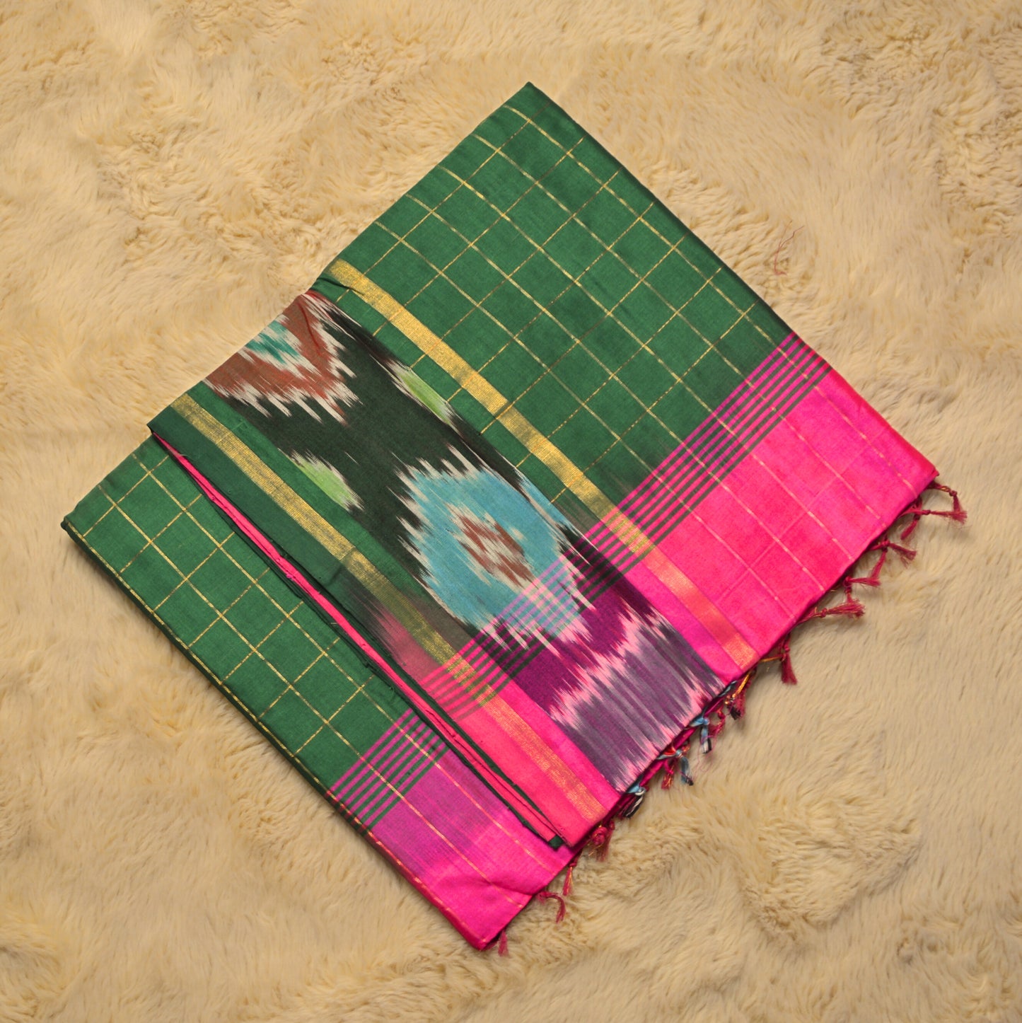 Bottle green venkatagiri silk cotton checks saree
