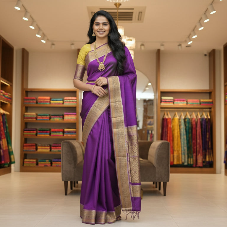 Purple plain mashroo silk saree with contrast blouse