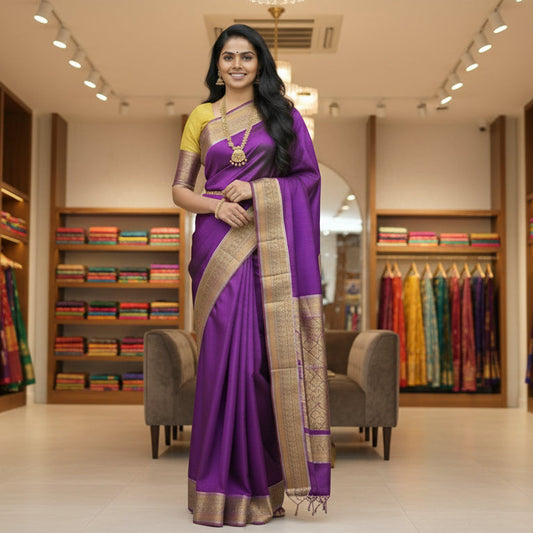 Purple plain mashroo silk saree with contrast blouse