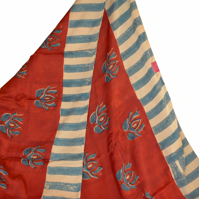 Red Bagru handblock printed pure modal silk saree