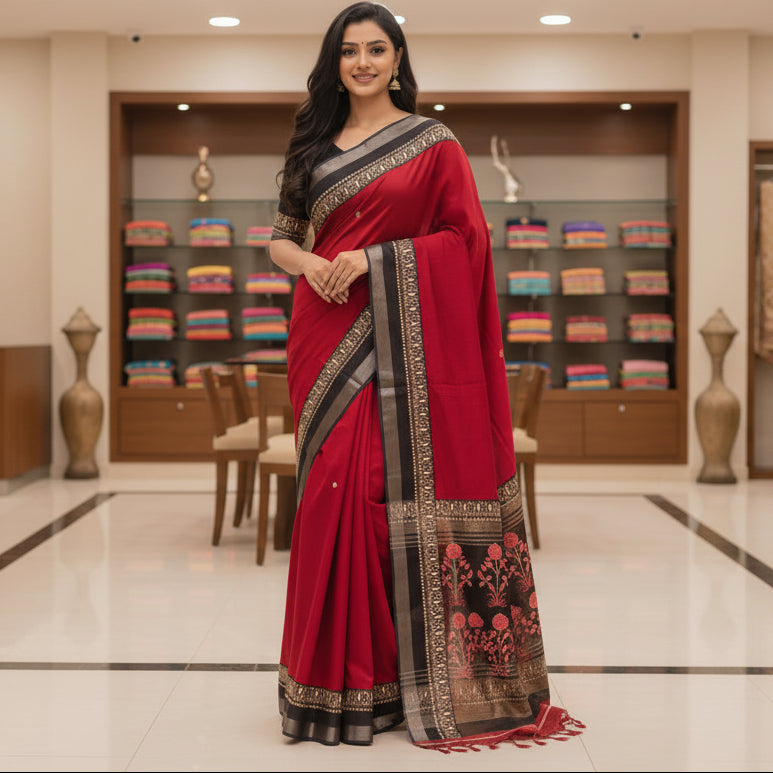 Maroon Pure linen handblock printed saree