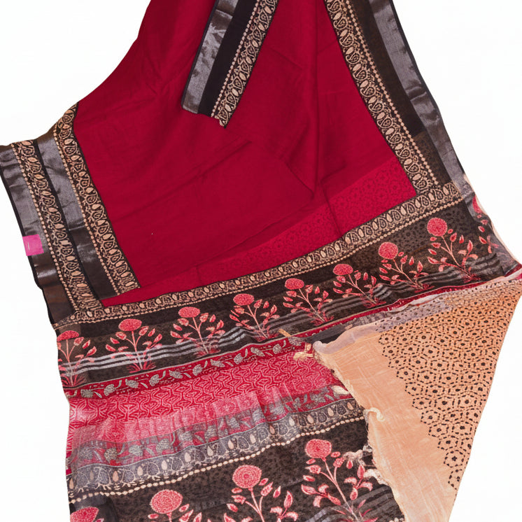 Maroon Pure linen handblock printed saree