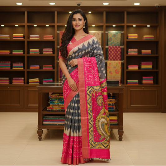 Grey and pink semi tussar ikkat print saree
