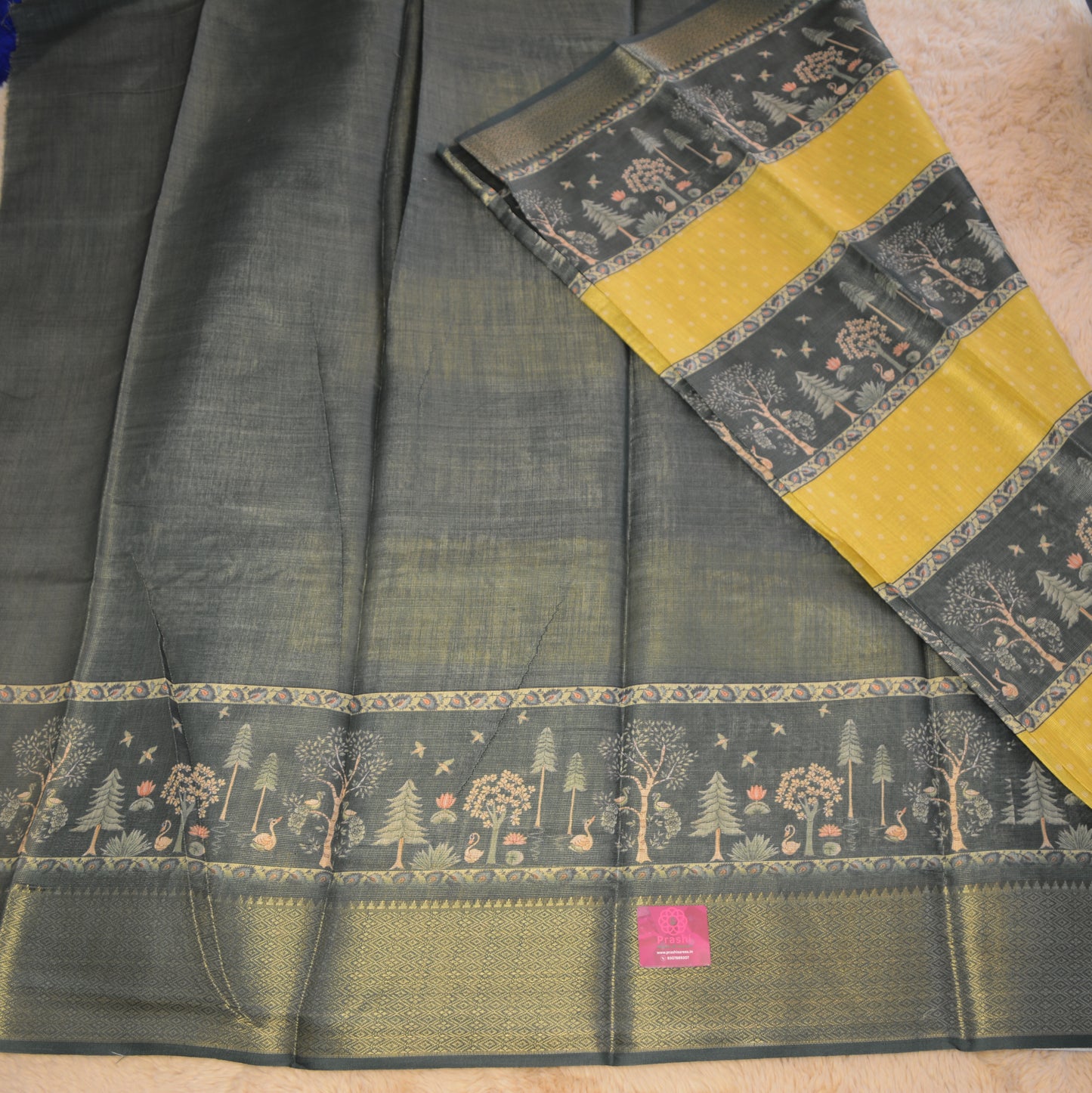 Yellow and green cotton blend kalamkari border