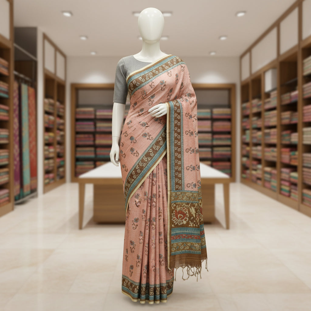 Peach and brown tussar checks kalamkari printed saree