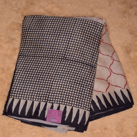 Half-white bagru handblock printed pure modal silk saree