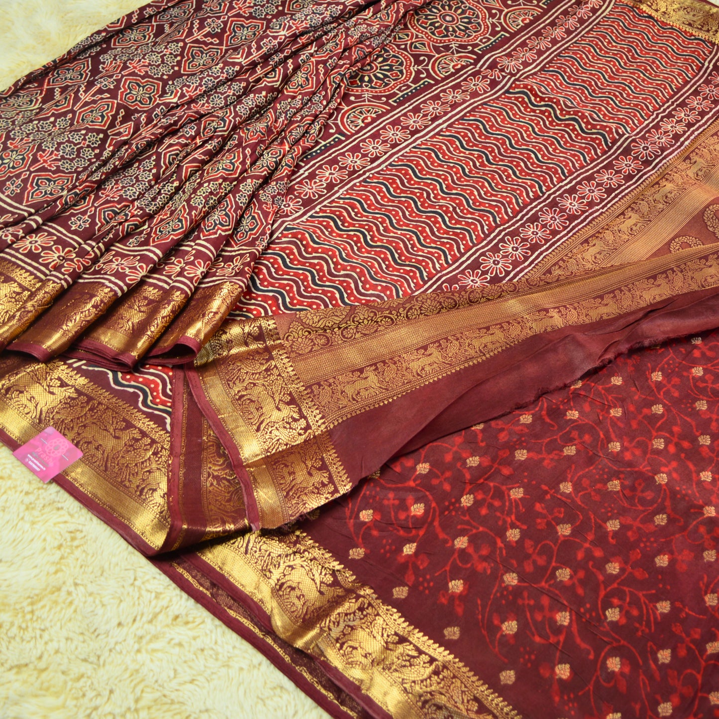 Maroon Dola silk saree with ajrakh handblock print