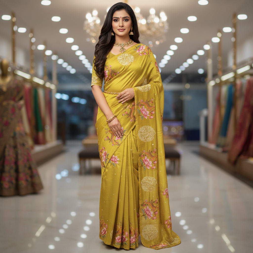 Mustured yellow dol silk cutwork embroidery saree