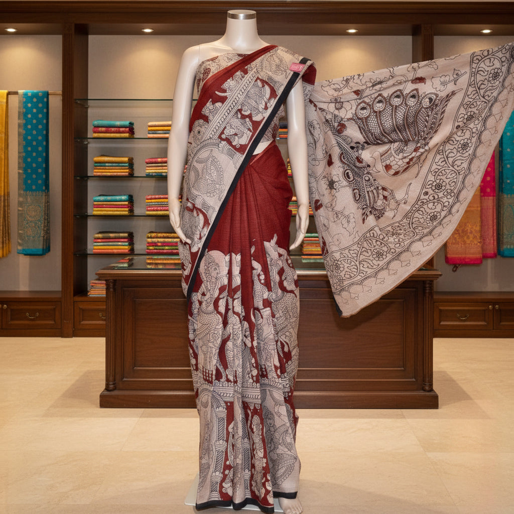 Maroon kota cotton kalamkari saree