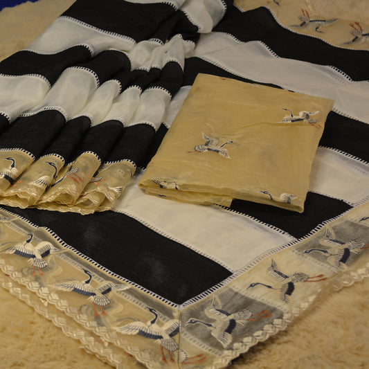 Crush tissue white and black embroidery saree