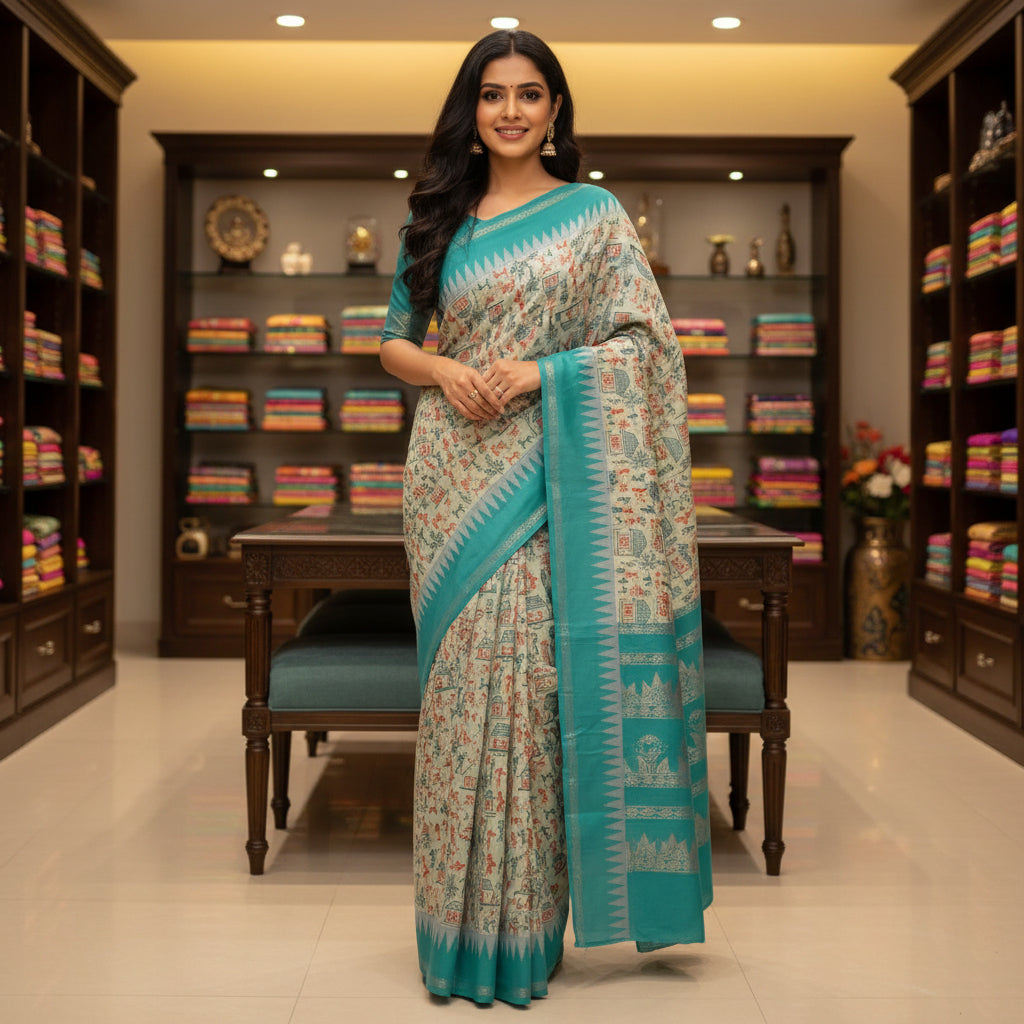 teal blue and blue kalyani cotton digital print saree
