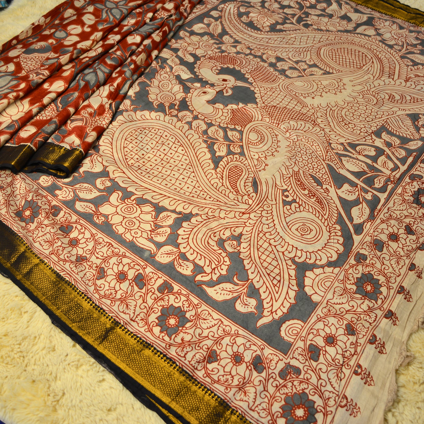 Red kalamkari nizam border silk saree