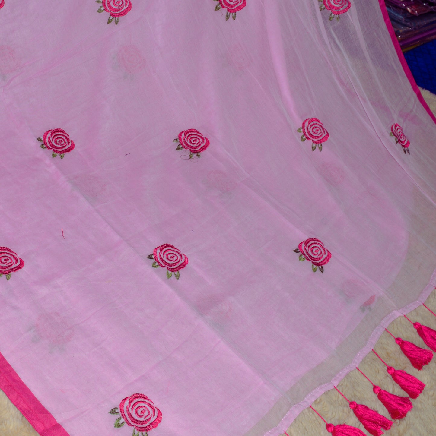 Baby pink mul cotton embroidery saree