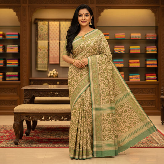 Green handblock printed cotton saree
