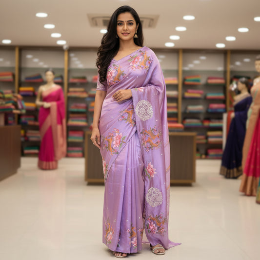Lavender dol silk cutwork embroidery saree