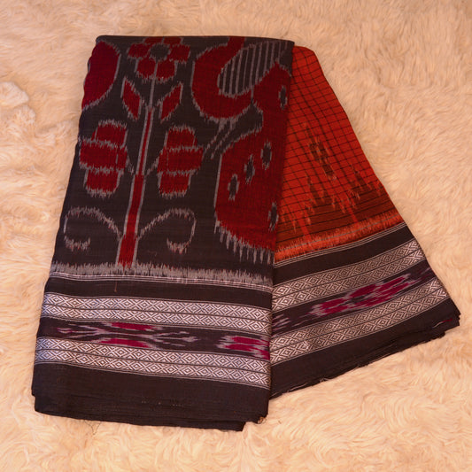 Brick red triple layer sabalpuri handloom cotton saree