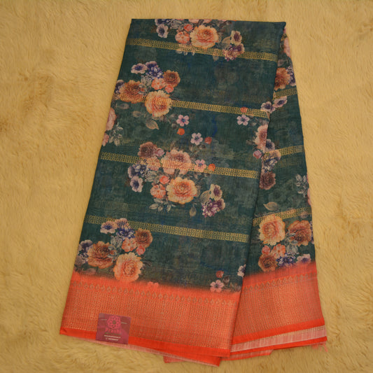 Teal blue digital print cotton blend kalamkari saree