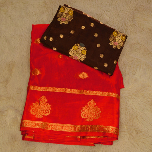 red and brown blouse chinnon butta border saree