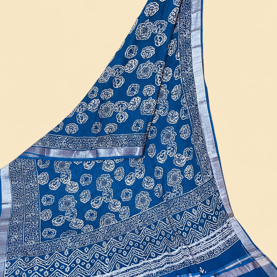 Blue pure linen handblock printed saree
