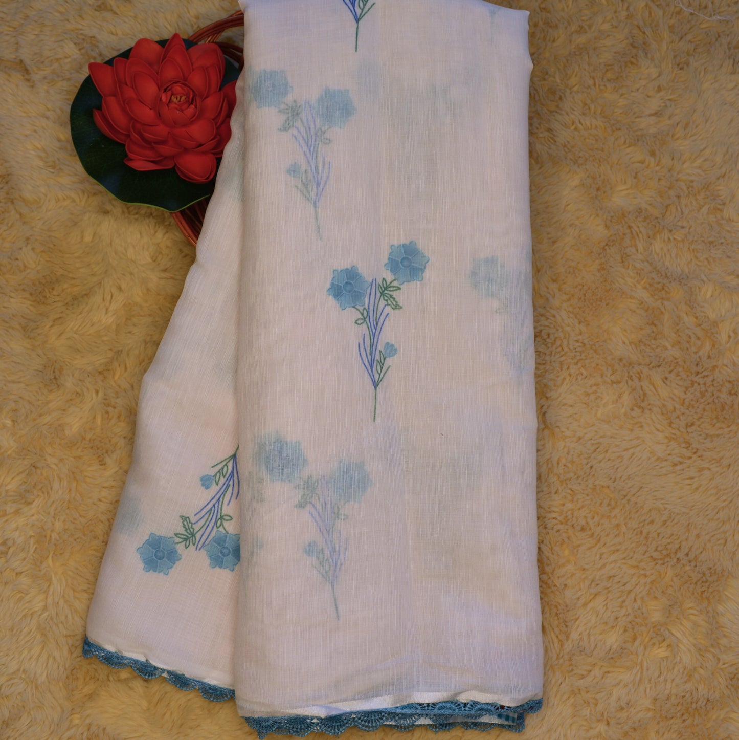 White and blue border tissue linen saree
