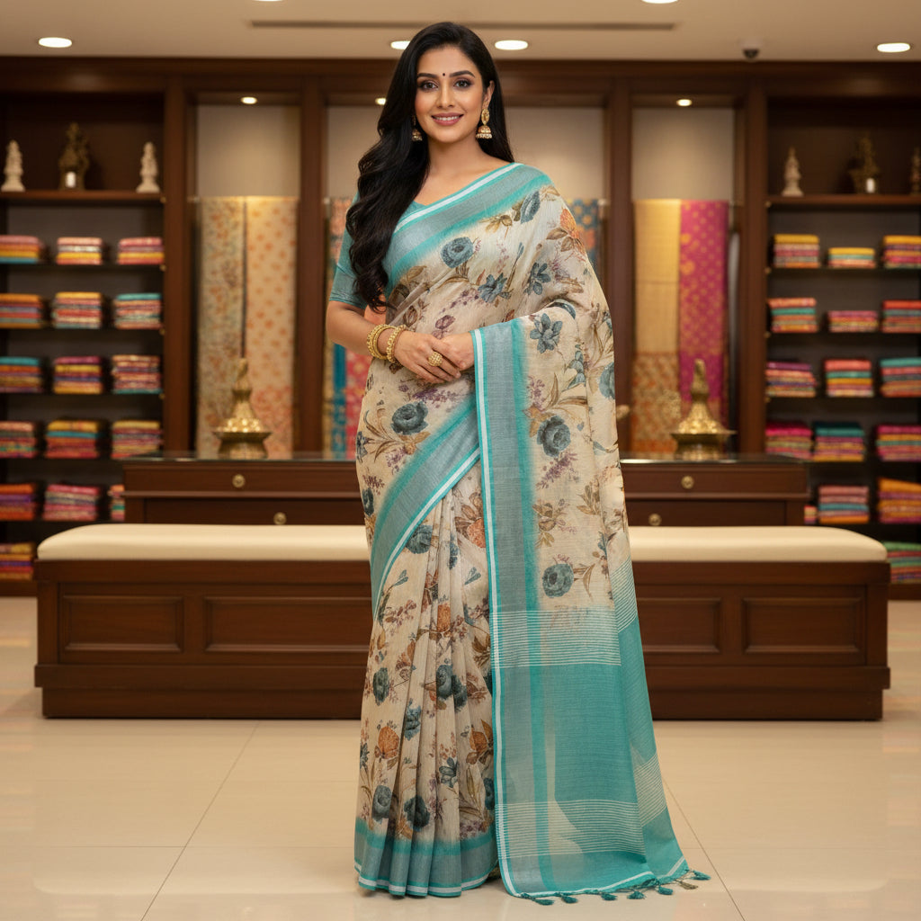 Beige and blue linen katha work digital print saree