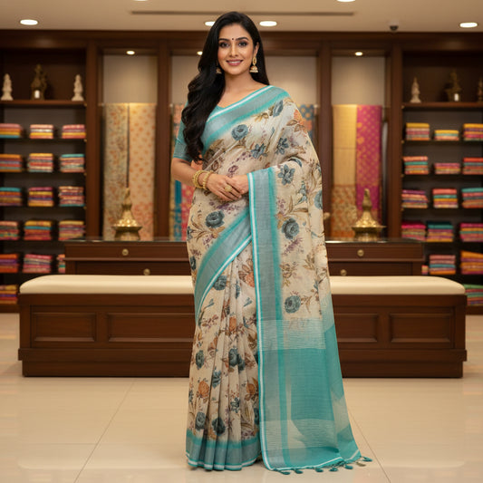 Beige and blue linen katha work digital print saree