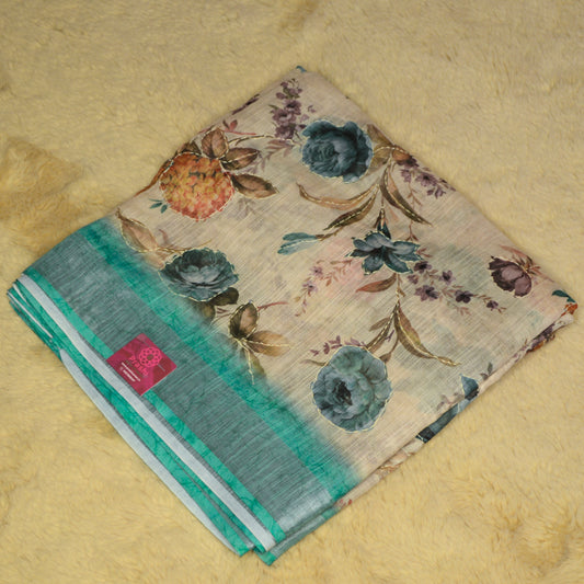 Beige and blue linen katha work digital print saree