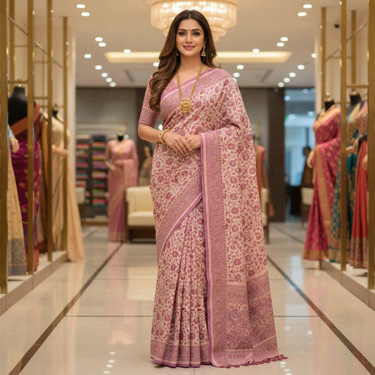 Lavender handblock printed cotton saree