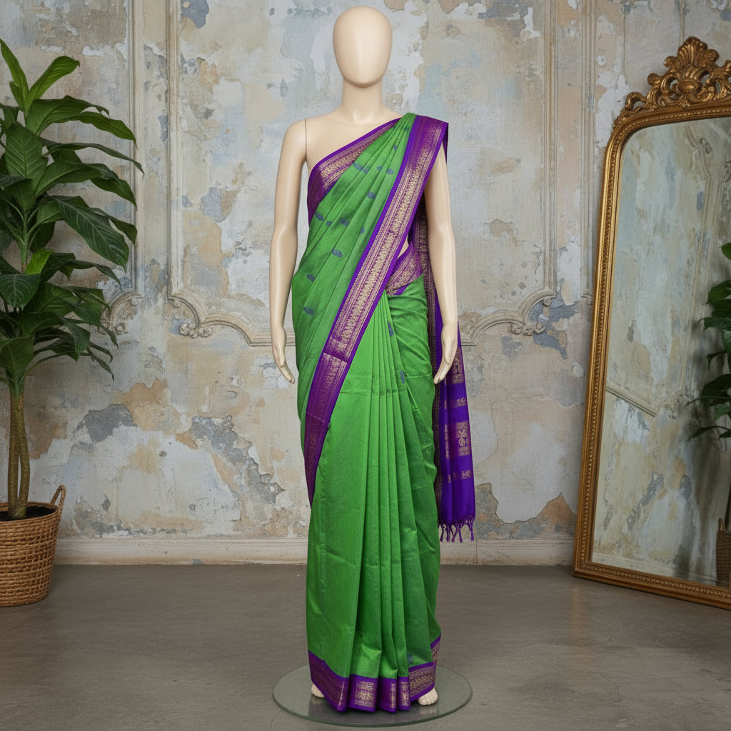 Green handloom kalyani cotton saree with purple contrast