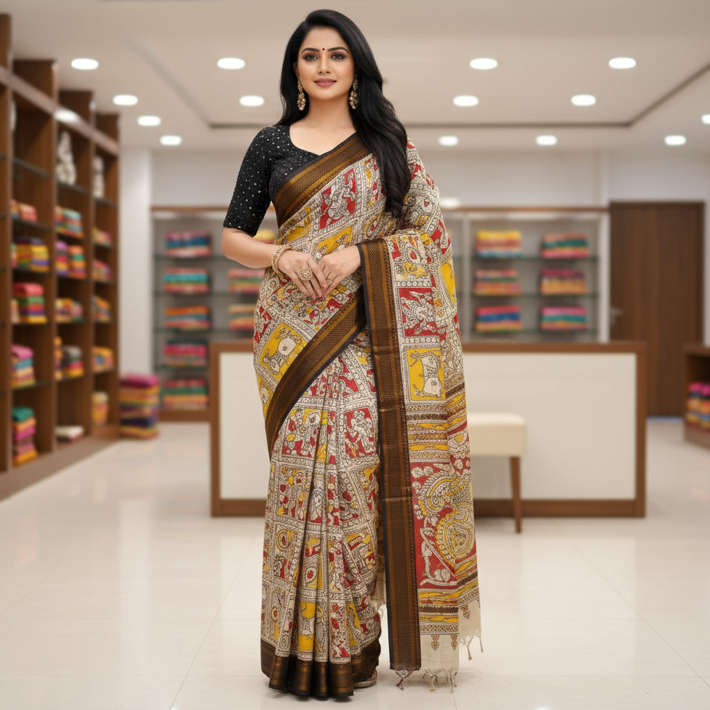Yellow with Red Nizam border kalamkari silk saree
